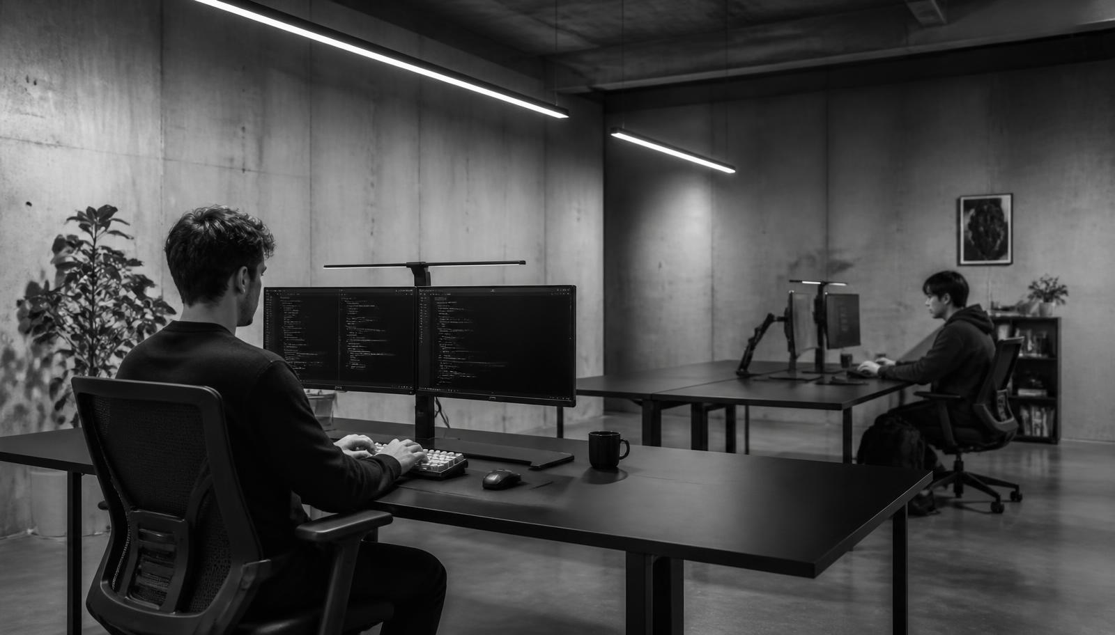 Two developers working independently at long desks in a quiet engineering studio