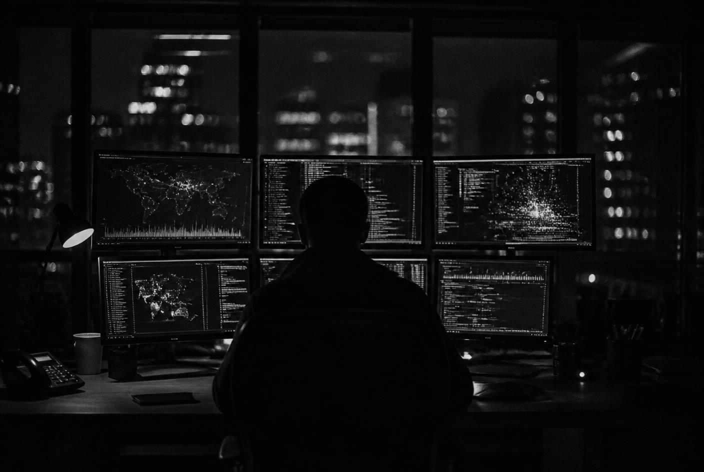 Analyst monitoring dark screens of network and log data at night