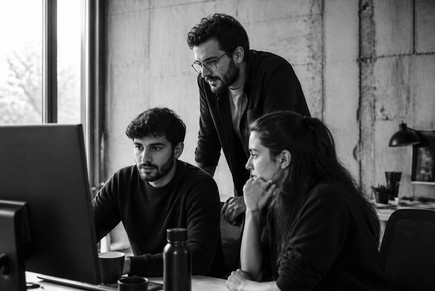 IT specialists discussing a technical problem together at a shared workstation